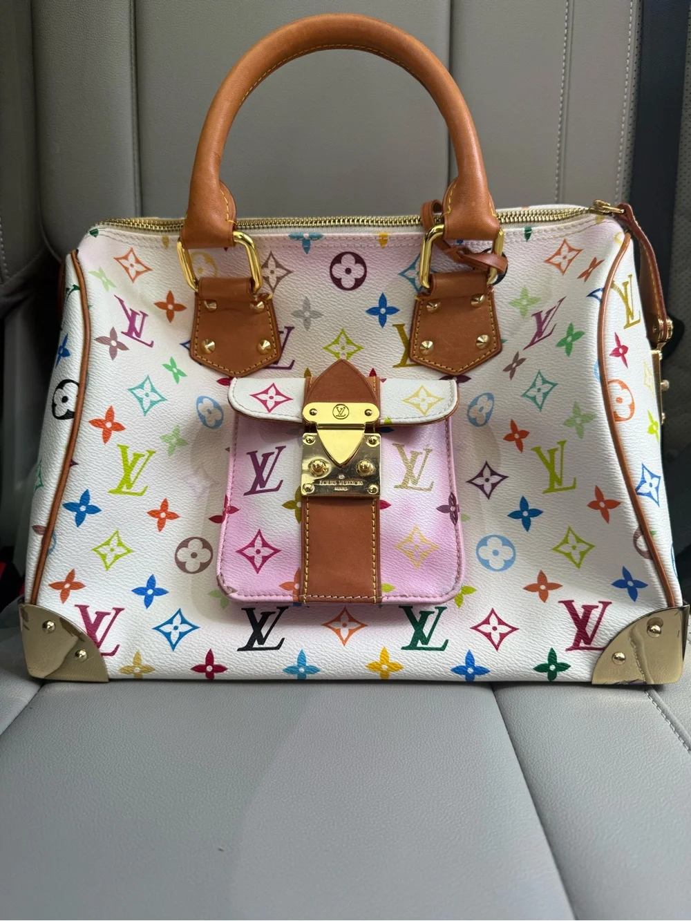 Louis Vuitton White Multicolor Monogram Satchel with Pink Pocket and Tan Handles